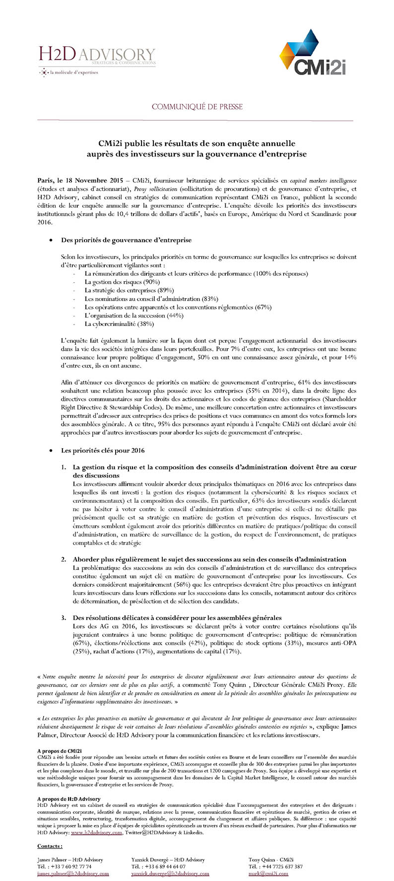 CMi2i et H2D Advisory publient les résultats de l'enquête annuelle auprès des investisseurs sur la gouvernance d’entreprise